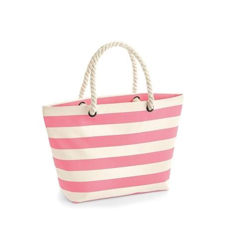 Canvas strandtas met streepdessin naturel/roze,one size